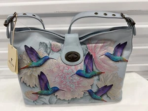 Anuschka handbemalt Leder REGENBOGEN KOLIBRIS Nieten Hobo Neu mit Etikett blaue Handtasche - Bild 1 von 10
