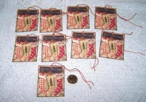 9-Christmas-Primitive-Stockings-Farmhouse-Holiday-Linen Cardstock-Gift-Hang-Tags - Picture 1 of 1