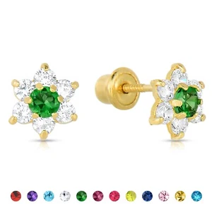 14K Real Solid Gold Flower Halo Birthstone CZ Sleeper Studs Earrings Screw-back - Picture 1 of 20