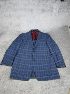 Jhane Barnes Blazer Mens 44 Plaid Check Blue Wool Half Lined Sport Coat - Image 1 of 4