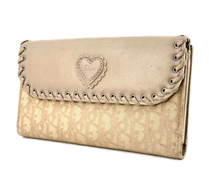 DIOR Long Wallet Trotter Heart Ethnic Canvas Leather Beige Purse Authentic - Picture 1 of 19