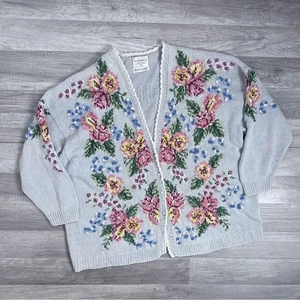 Cárdigan tejido floral vintage talla grande 2X tejido a mano pastel coqueta cottagecore - Imagen 1 de 6