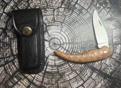 Navaja de bolsillo con mango de madera tallada hoja de 7 en 3,25 pulgadas con estuche de cuero Foto 1 de 2