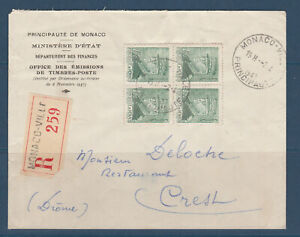 MONACO enveloppe 1943 Prince Louis II 1f20 vert en bloc de 4  num 228