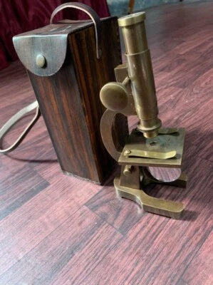 Antique Brass Microscope Student Microscope 7" Monocular Type With Leather Cover - Image 1 of 4