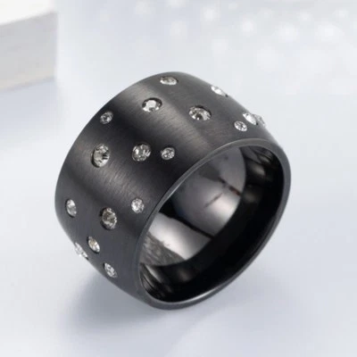 Anillo de plata/oro rosa/negro cepillado con banda para hombre titanio acero lleno de circonita cúbica talla 7-12 Foto 1 de 4