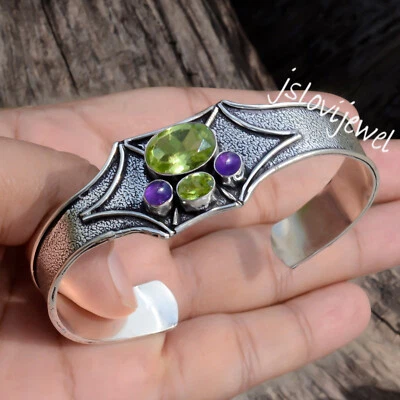 Amethyst, Faceted Peridot Gemstone Bangle 925 Sterling Silver Gifted Bracelet - Image 1 of 4