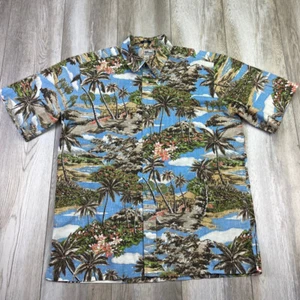 VINTAGE Reyn Spooner Hawaiian Shirt Mens L Green Blue Reverse Palmtrees Floral - Picture 1 of 10