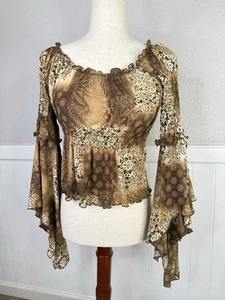 VTG Y2K Babydoll Mesh Top Flare Sleeve 90s Milkmaid Whimsigoth Sz M Paisley - Picture 1 of 9