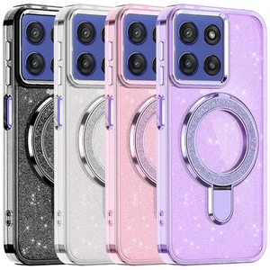 For Moto G Stylus 5G 2025 Case Transparent Glitter Rotaional Magnetic Ring Stand - Picture 1 of 17