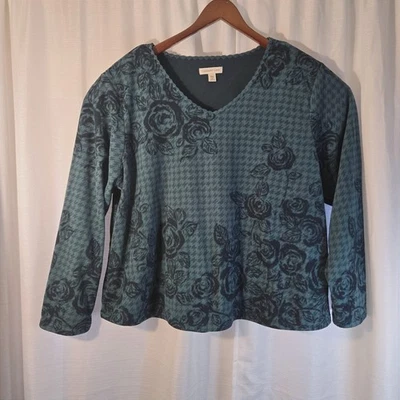 Blusa Classic Elements verde Houndstooth rosa floral manga longa gola V tamanho 2X - Imagem 1 de 4