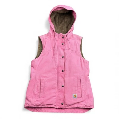 Carhartt Berkley Vest Women Small 4/6 Pink Canvas Hooded Sherpa Lined Full Zip - Image 1 of 4