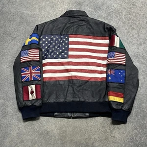 Vintage 90s Wilsons Leather Jacket Men’s Size Medium USA Bomber Flags Jacket - Picture 1 of 6
