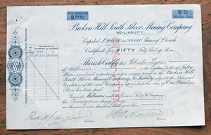 Antiguo certificado de acciones Broken Hill South Silver Mining Co No.B1570 1917 - Imagen 1 de 2