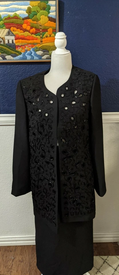 VTG Nina Massini Set Black Beaded Embroidered Blazer Skirt Sz 10 Medium M Foto 1 de 4