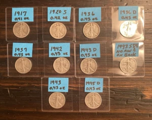 Ten (10) 90% Silver Walking Liberty Half Dollar Coins 1917-1945 (One Without AW) - Picture 1 of 24