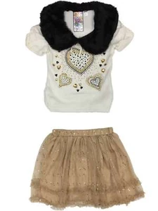 Little Girls Cream & Gold Rhinestone Bedazzled Heart Shirt Tulle Tutu Outfit - Picture 1 of 1
