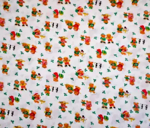 Cotton Fabric 1 3/8 Yard Teddy Bear Christmas Santa Snowmen Holly on Cream Vtg 4 - Picture 1 of 2