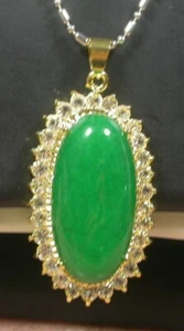 Real Green Jade Long Oval Cabochon Cubic Zirconia 18KGP Pendant Chain Necklace - Picture 1 of 6