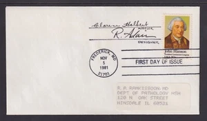 Ron Adair & Clarence Holbert, stamp designers, Signed 1981 20c John Hanson FDC - Picture 1 of 1