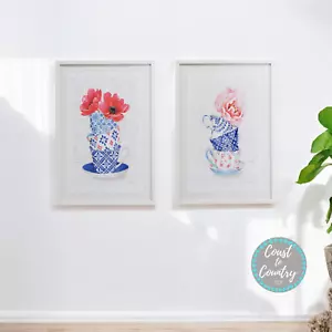French Hamptons Blue White Framed Print Set/2 Wall Art 50x35cm Tea cup flowers - Picture 1 of 3