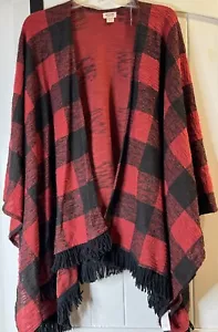Mossimo Supply Red/Black Plaid Poncho Cardigan Open Cape Fringe Xl One Size - Picture 1 of 8