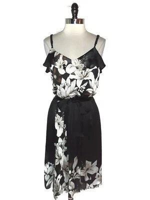 NUEVO VESTIDO WHITE HOUSE BLACK MARKET Talla 8 Línea A Negro Blanco Marrón Floral Foto 1 de 4