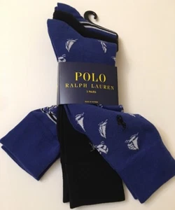 3 PAIRS POLO RALPH LAUREN MENS SOCKS NWT 10-13 BLUE BOAT STRIPE BLACK - Picture 1 of 3