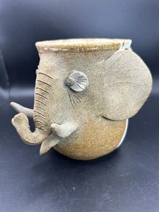 Vtg Signed Art Studio Pottery Coffee Tea Mug Elephant Face Unique Handmade - Picture 1 of 11