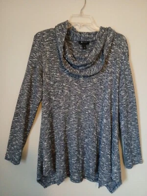 Top túnica AB Studio para mujer cuello capucha grande manga larga azul blanco elástico Foto 1 de 4