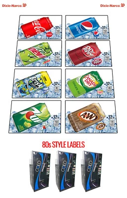 DIXIE NARCO, VENDO, ROYAL VENDORS, USI & FSI (8) SODA VENDING MACHINE 12 oz "CAN" Vend Labels (Flavor Strip) - VARIETY PACK