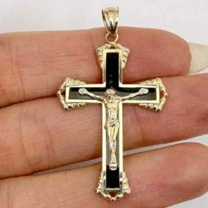 14K Real Gold Black Religious Crucifix Cross Pendant 1.6" - Picture 1 of 3