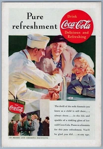 Coca-Cola 1930 Soda Fountain Jerk Happy Customers anuncio impreso - Imagen 1 de 2
