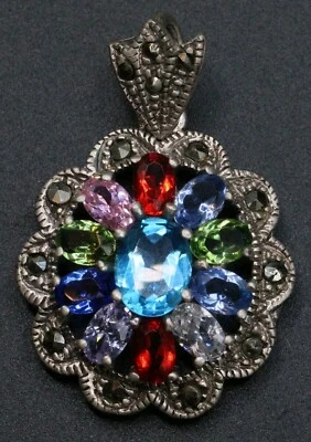 Pendente Da Collana In Argento 925 Con Pietre Multicolore - Vintage Anni 50/60  - Immagine 1 di 4