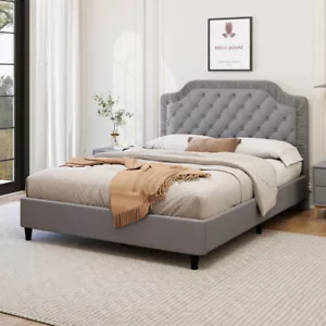 King Size Upholstered Bed with Button Tufted Headboard, No Box Spring Needed - Picture 1 of 24