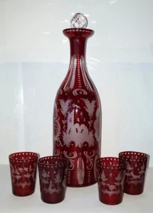 CZECHO-SLOVAKIA RUBY RED CUT TO CLEAR GLASS CASTLE DEER DECANTER 11" W/4 glasses - Picture 1 of 12