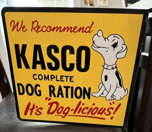 Kasco Dog Food 2 Sided Painted Metal Flange Sign It's "Dog-licious"! - Picture 1 of 9
