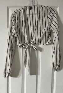 Women’s Shein Medium Striped, Tide Front Crop Long Sleeve Front Opening Shirt  - Picture 1 of 8