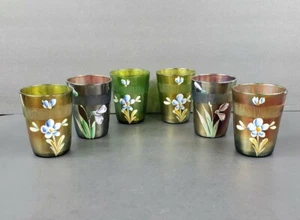 6 Antique Fenton Carnival Glass Hand Painted Flowers Prism Tumblers Blue Green - Picture 1 of 9