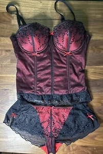 Grace Affinitas 34C Balconette Bra Corset SET Med Panties Red Black Longline - Picture 1 of 9
