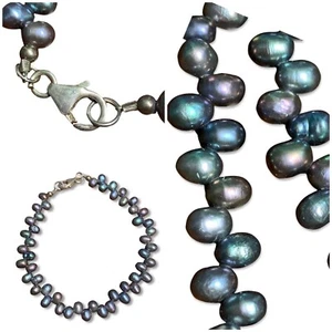 Sterling Silver Tahitian color Grey Green Purple PEACOCK PEARL BRACELET 7.5” - Picture 1 of 12