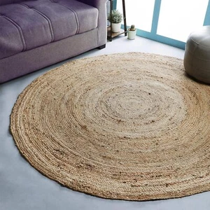 New-Hand Woven Jute Braided Rug, 4’ Round – Natural, Reversible Boho - Picture 1 of 5