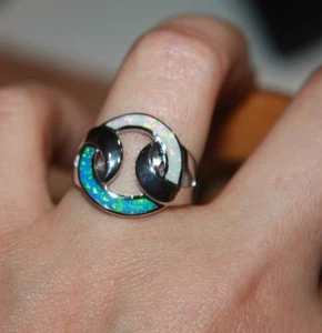 inlaid fire opal ring silver plate gems jewelry modern round engagement weeding - Picture 1 of 8