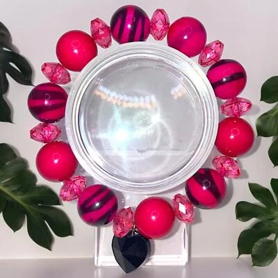 Lo último Rosa y Negro Cuentas con Negro Corazón Dije Elástico Pulsera 4"! Foto 1 de 4