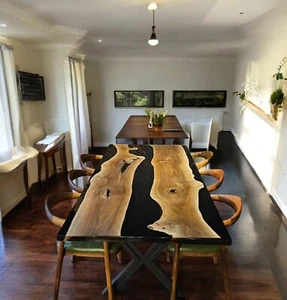 Solid Black Epoxy Resin Art Dining Table Handmade Live Edge Wood Countertop Deco - Picture 1 of 11