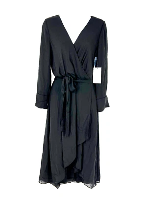 BAILEY 44 Olympia твердое платье размер 4 черный новый с Ярлыками Surplice высоты низкого разреза Midi ремень - Изображение 1 из 4