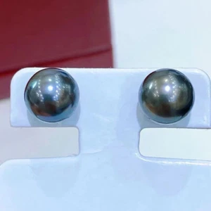 stunning 9-10mm tahitian round black green pearl stud earring 925s(tim) - Picture 1 of 3