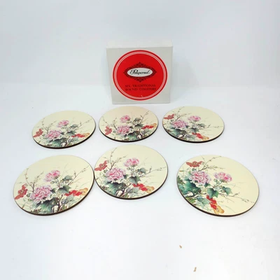 Juego de posavasos vintage de pimpinela con patrón floral (6) parte posterior de corcho acrílico Inglaterra Foto 1 de 4