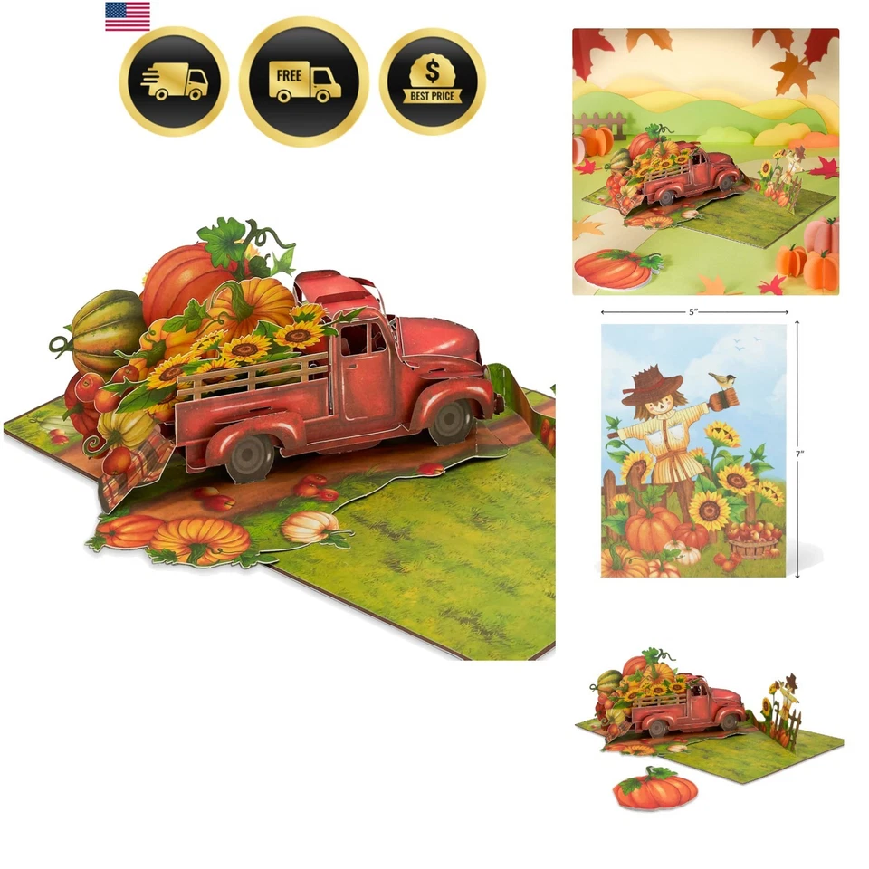 Fall Harvest Truck Pop Up Card 5x7 Greeting Card Thanksgiving Decor - Image 1 of 4