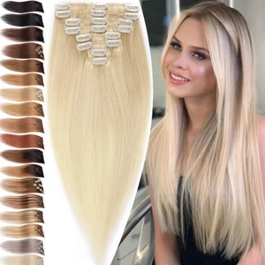 100% Real Remy Human Hair Extensions Clip In 8Piece Full Head Long Medium Blonde - Picture 1 of 76